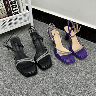 外贸出K大码防水台高跟鞋女欧美风方头舒适防滑水钻一字带凉鞋