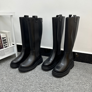 圆头拼接舒适后拉链骑士靴 外贸纯原厚底高筒靴女时尚 质感在线