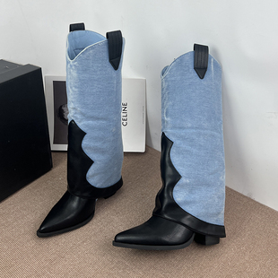 原单外贸大码 街拍走秀欧美风西部牛仔靴 尖头粗跟长靴女高筒靴时尚