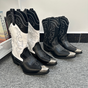 美式复古王炸 出K外贸金属头一脚蹬重工刺绣舒适耐磨中筒西部靴男