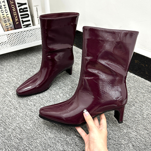 显气场 外贸Y单方头粗跟柔软舒适亮面加绒保暖一脚蹬短筒瘦瘦靴