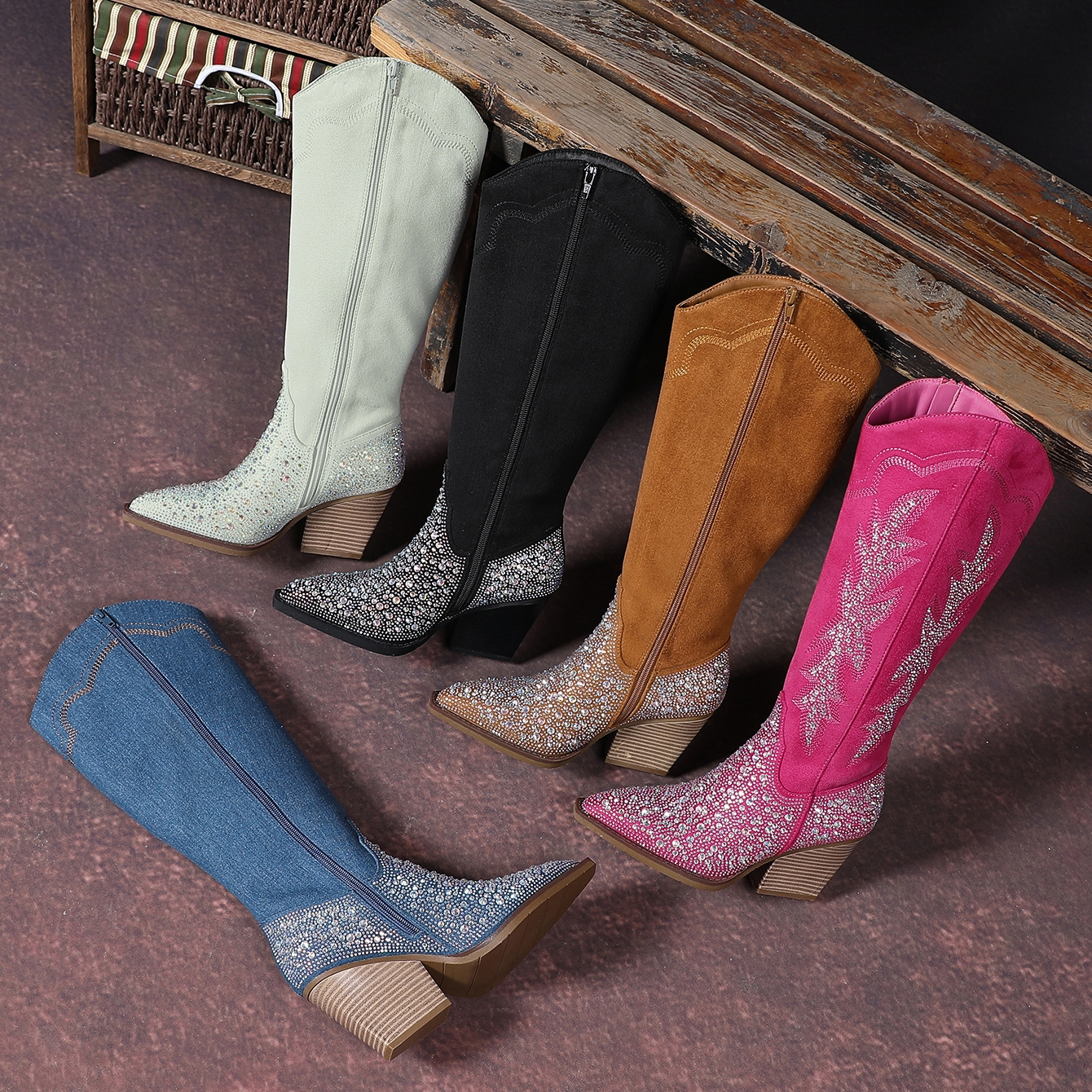 欧美外贸大码重工透气粗跟西部靴