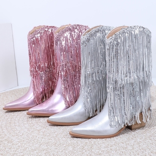 欧美尖头粗跟中筒靴女亮片西部流苏靴 时尚 辣妹炸街 跨境外贸大码