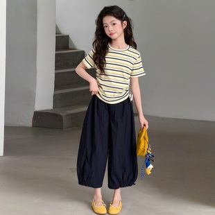 女童夏装套装2026新款洋气儿童条纹短袖t女孩休闲七分裤韩系穿搭