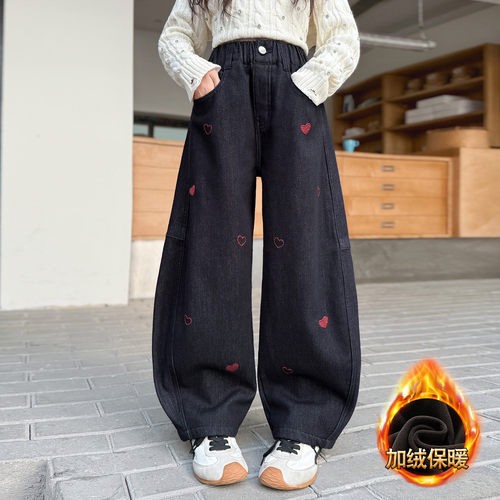 女童加绒裤子秋冬款一体绒牛仔裤