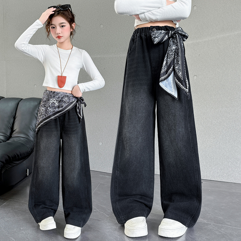 女童裤子秋冬加绒好看黑色牛仔裤