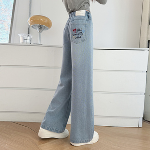 女童裤子2026新款中大童浅色牛仔裤春秋洋气时髦直筒裤儿童阔腿裤