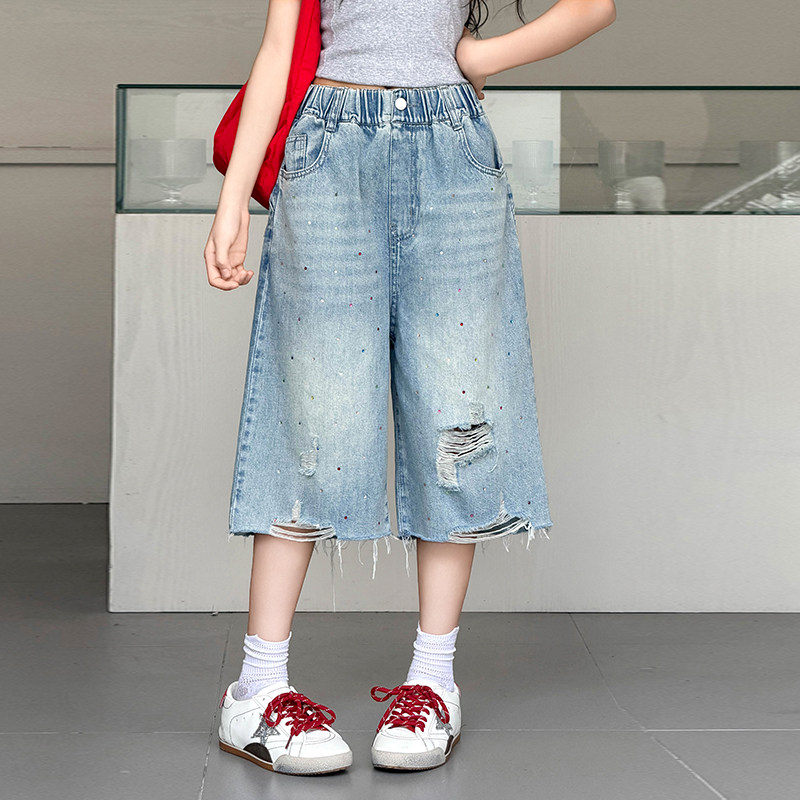 女童五分裤夏季薄款儿童破洞牛仔短裤外穿2026新款洋气女大童中裤