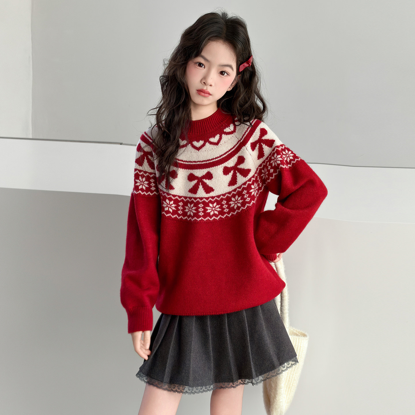 女童毛衣秋冬新款儿童新年红色针织衫冬季女孩大童加厚保暖羊毛衫