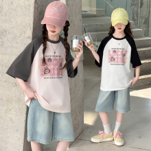 女童短袖t恤2025新款儿童夏季套装洋气夏装女大童牛仔短裤两件套