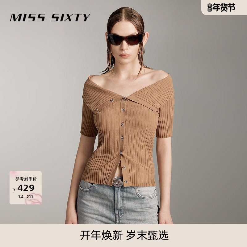 Miss Sixty薄款针织衫性感一字肩收腰辣妹BM风开衫毛衣