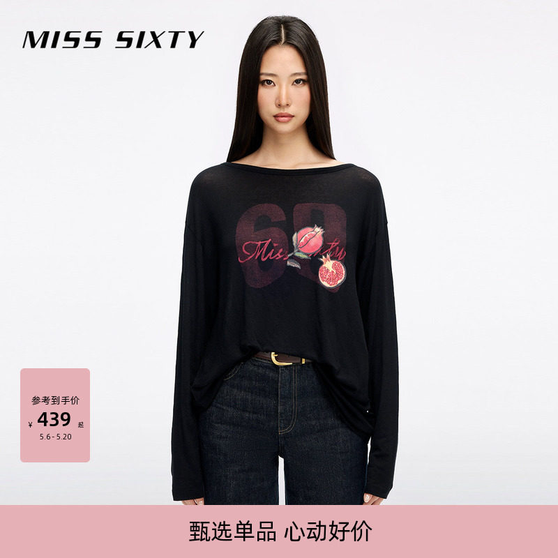 【天丝羊毛混纺】Miss Sixty26春夏新款长袖T恤女宽松印