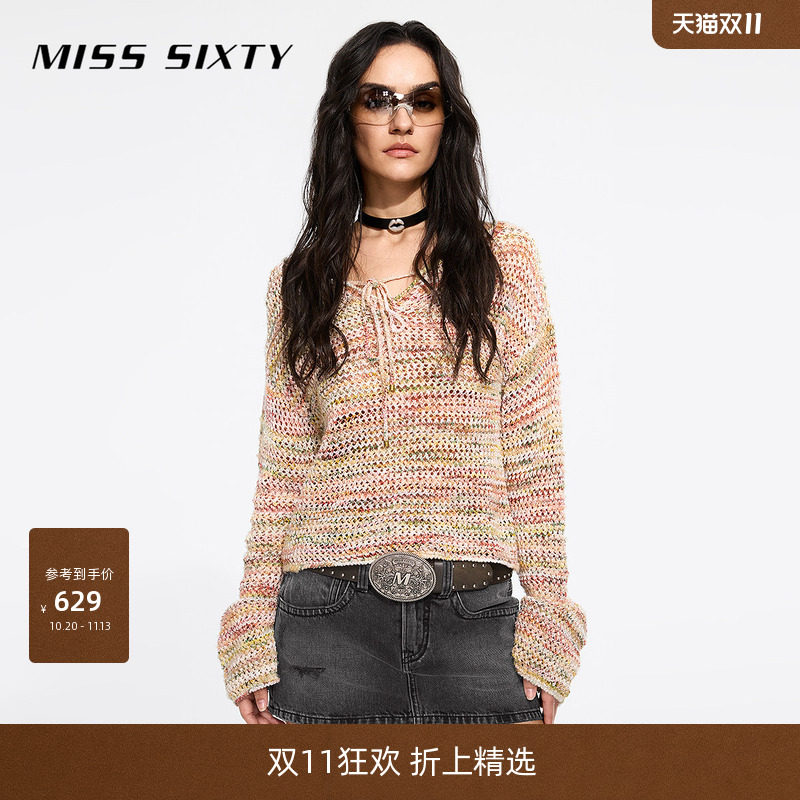 Miss Sixty2026春季长袖针织衫V领系带段染花式纱短款