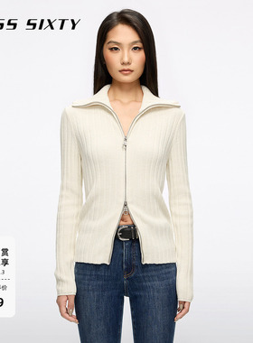 Miss Sixty2025冬季新款针织外套女翻领双向拉链羊毛混纺麻花毛衣