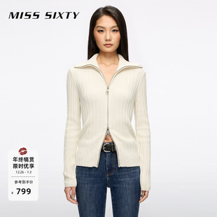 针织外套女翻领双向拉链羊毛混纺麻花毛衣 新款 Miss Sixty2025冬季