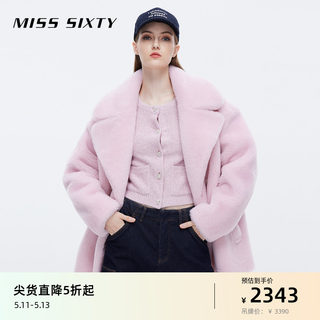 Miss Sixty时尚外套女气质浅粉色中长款保暖加厚羊毛皮草