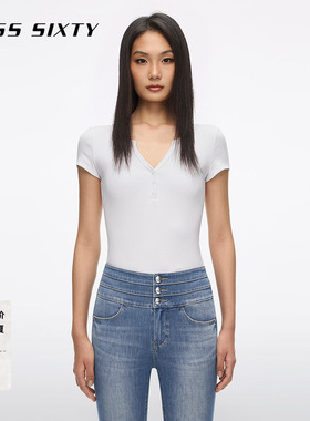 Miss Sixty2026夏季新款T恤女V领纽扣徽标纯色修身短款休闲上衣