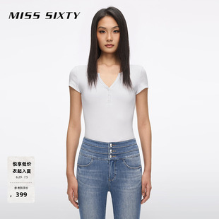 Miss Sixty2026夏季新款T恤女V领纽扣徽标纯色修身短款休闲上衣