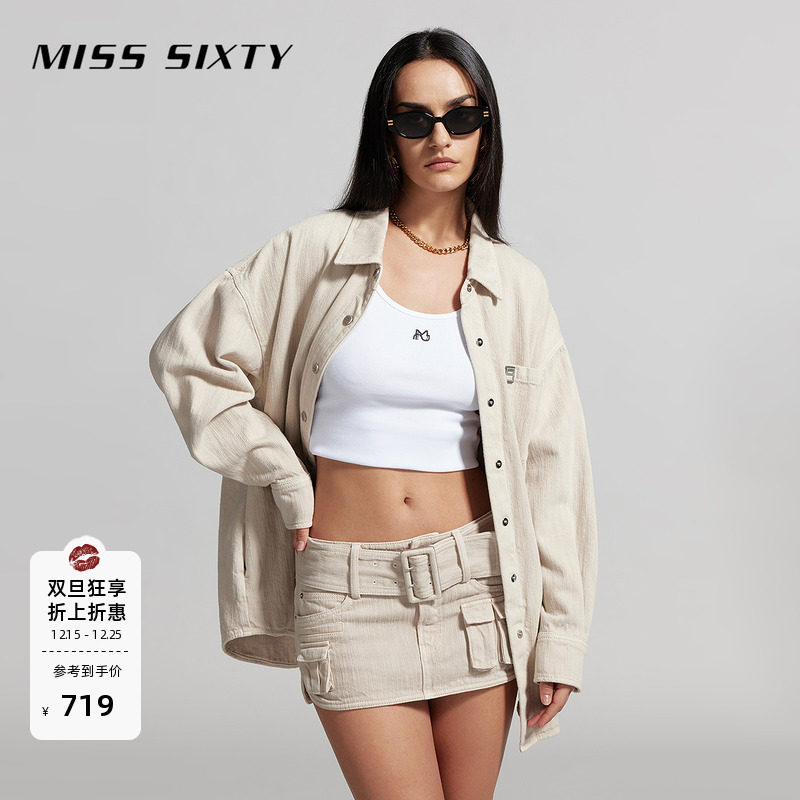 Miss Sixty牛仔衬衫长袖美式街头风宽松中长款杏色街头休闲