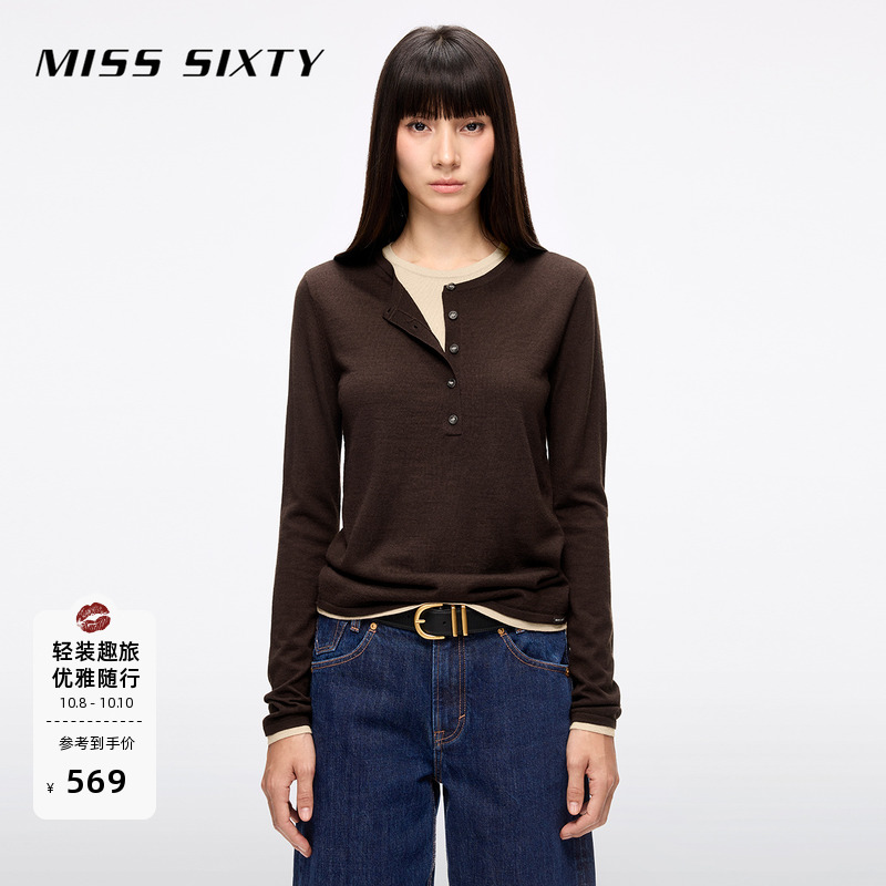 Miss Sixty2025春秋新款针织衫女假两件撞色上衣羊毛桑蚕丝混纺