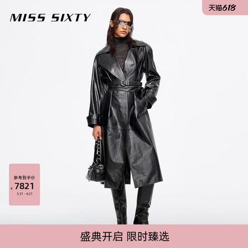 MissSixty西装领配腰带真皮外套