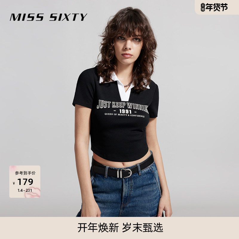 Miss SixtyT恤上衣撞色polo领短袖短款辣妹美式运动风