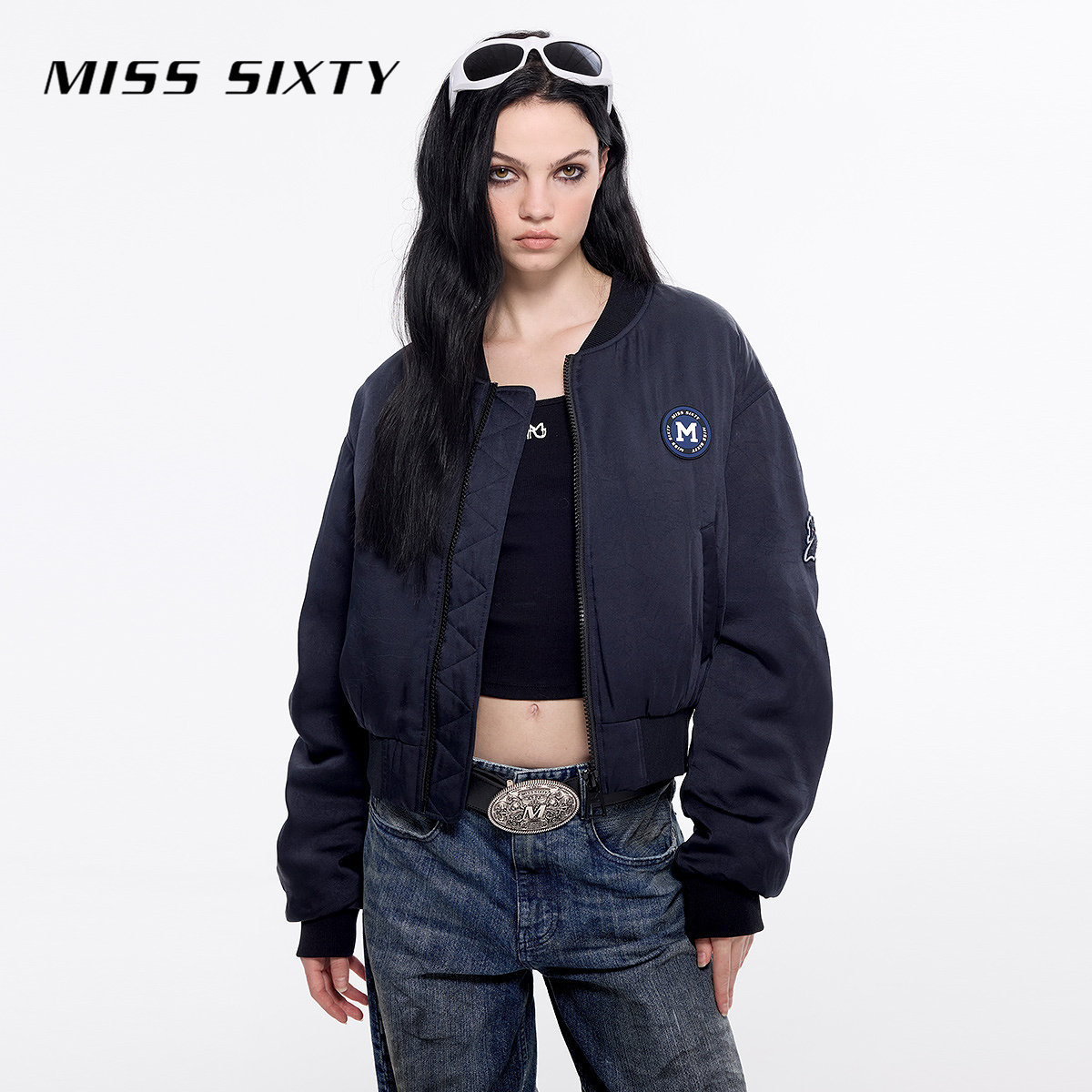 Miss Sixty夹棉外套美式运动棒球领短款棉服褶皱设计感休闲