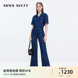 深蓝色复古工装 Miss Sixty含棉麻牛仔连体裤 女配腰带显瘦直筒裤