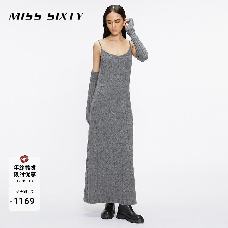 Miss Sixty绵羊毛针织连身连衣裙女复古麻花性感吊带裙附袖