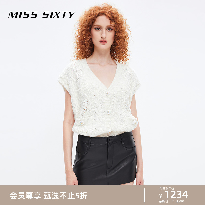 Miss Sixty针织马甲外套女气质V领坎肩袖珍珠纽扣软糯百搭开衫