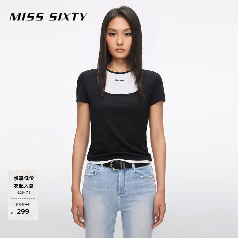 Miss Sixty2026夏季新款T恤女假两件撞色修身短款设计