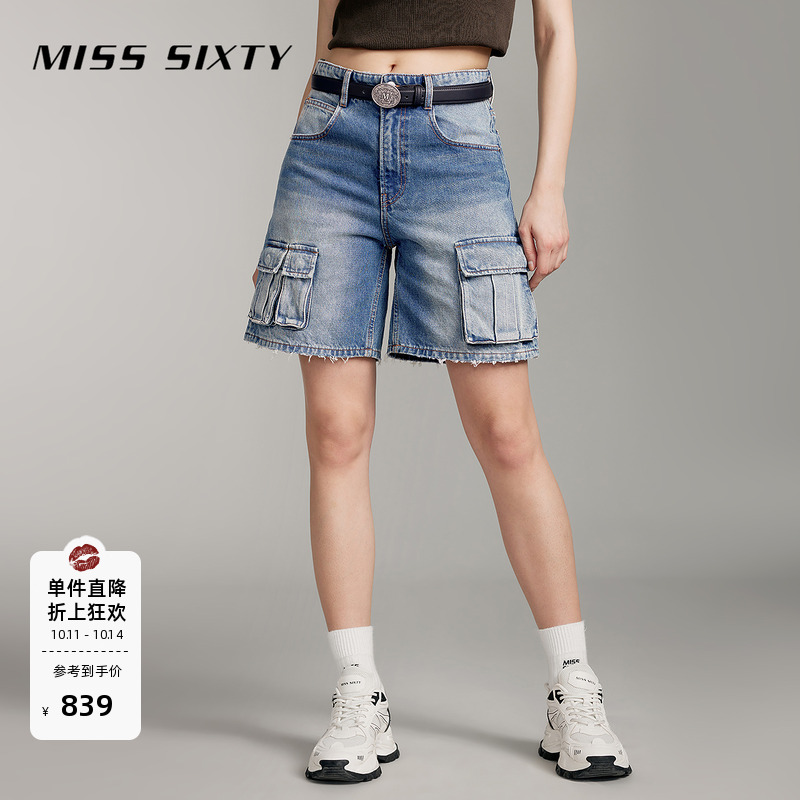 Miss Sixty纯棉牛仔短裤工装风口袋破洞高腰街头休闲直筒裤
