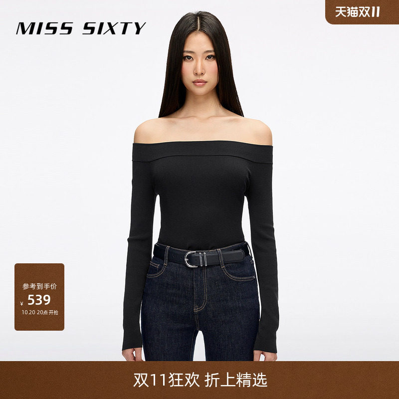 Miss Sixty2026春夏新款针织衫女一字领羊毛混纺修身短款气质上衣