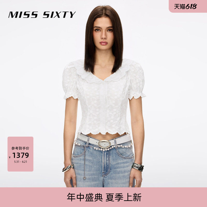 Miss Sixty2026夏季新款短袖衬衫女花边娃娃领泡泡袖刺绣花朵上衣