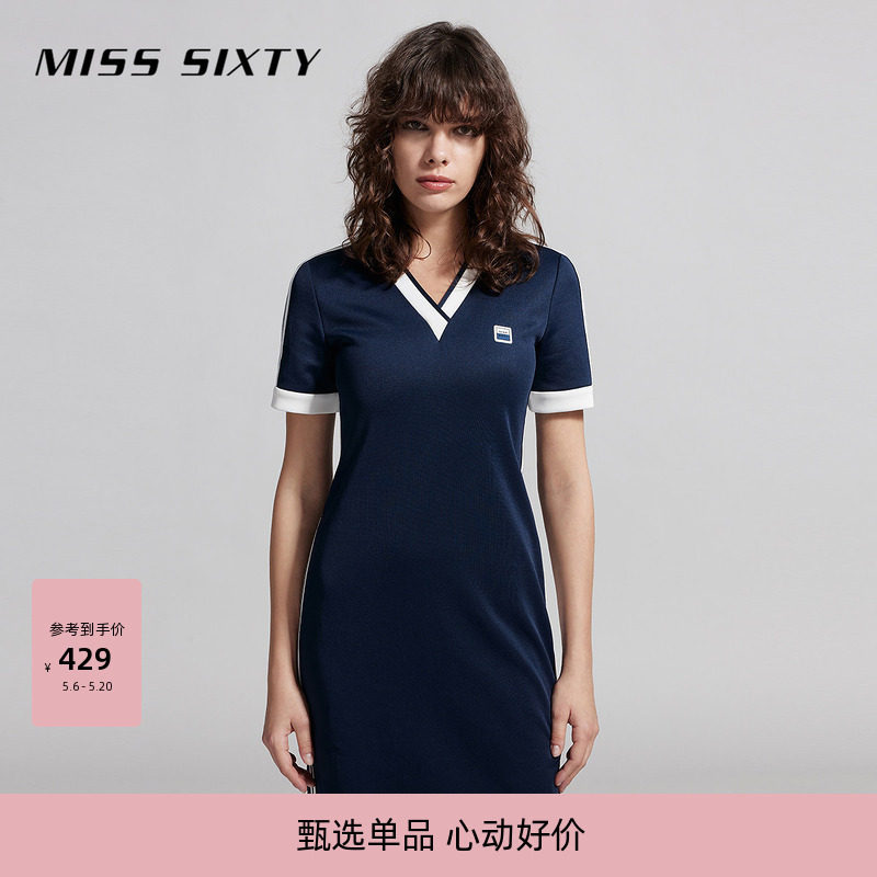 Miss Sixty短袖连身连衣裙美式复古运动风V领拼色短裙休闲