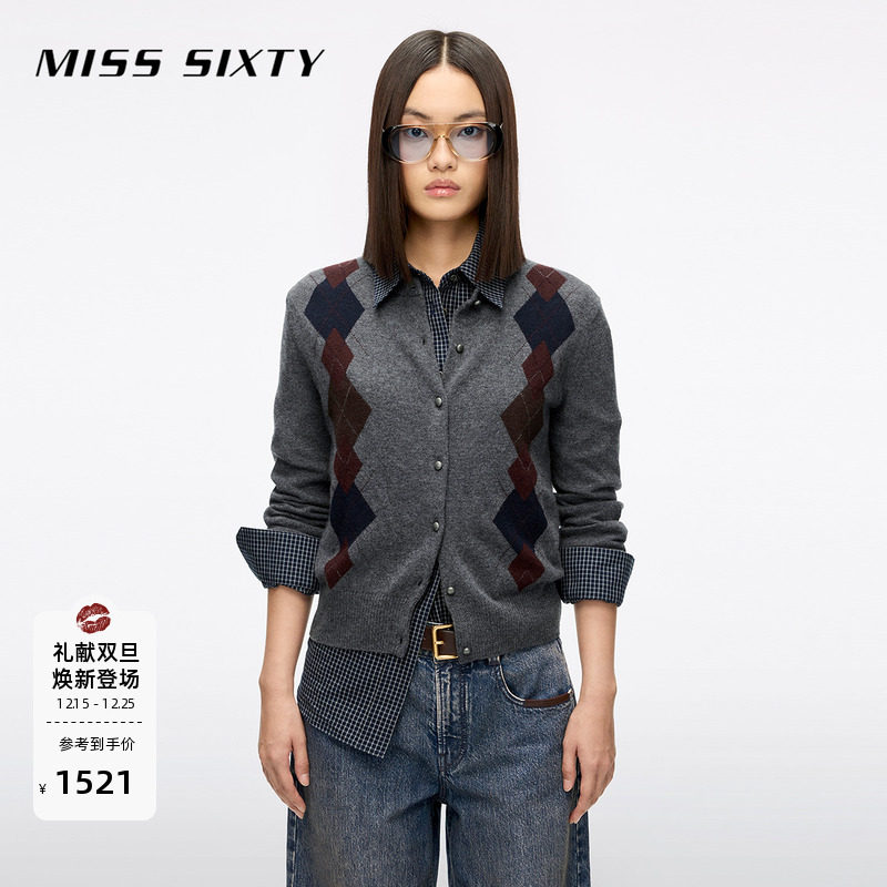 【保暖羊毛羊绒】Miss Sixty2025秋季新款针织开衫女菱