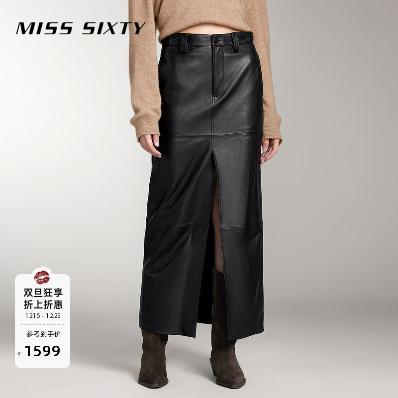Miss Sixty真皮长裙女拼接设计性感开衩半身裙气质通勤风高