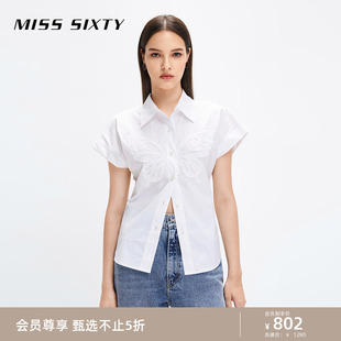 女贴布绣蝴蝶千禧风坎肩盖肩袖 显瘦薄款 Sixty白色衬衫 Miss 显瘦