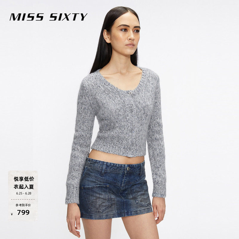 Miss Sixty低圆领针织衫外套女钻饰含桑蚕丝格雷系毛衣