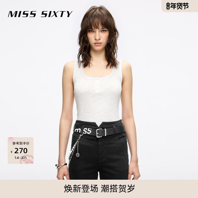 Miss Sixty2025秋季新款无袖T恤女U领坑条肌理感亨利领上衣薄背心,女装/女士精品,背心吊带,淘宝优惠券,粉丝福利购,淘宝优惠卷