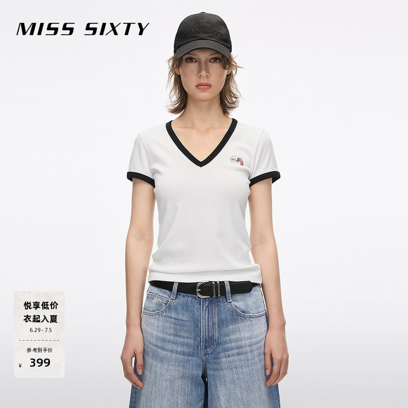 Miss Sixty2026夏季新款T恤女V领撞色领口印花合身休