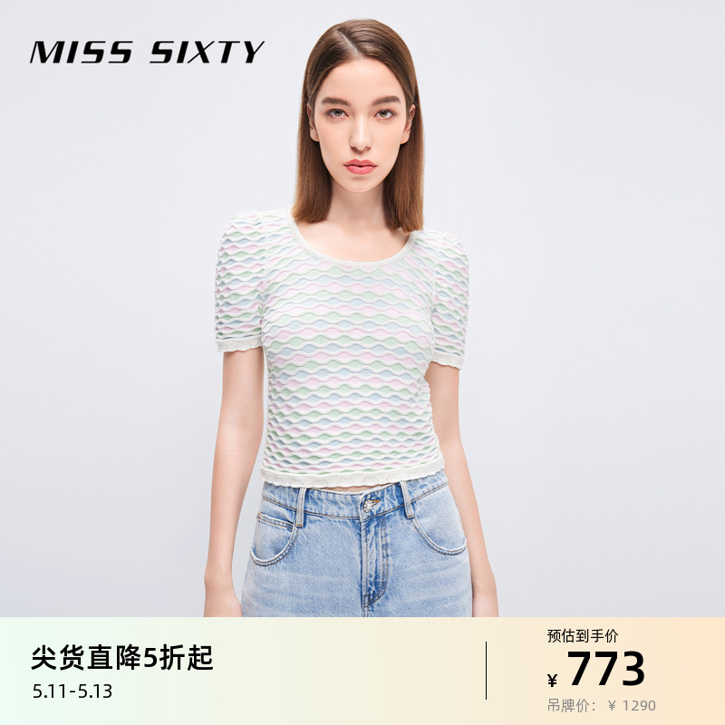 Miss Sixty针织衫女气质上衣圆领钉珠拼色法式精致修身显瘦 女装/女士精品 毛针织衫 原图主图