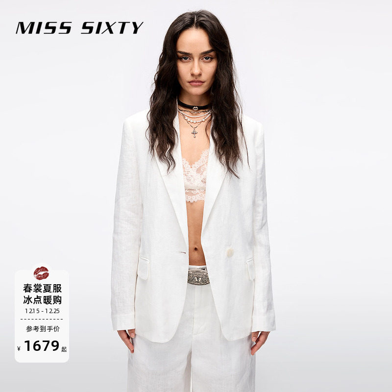 Miss Sixty2025夏季新款亚麻老钱风西装外套女一粒扣钉