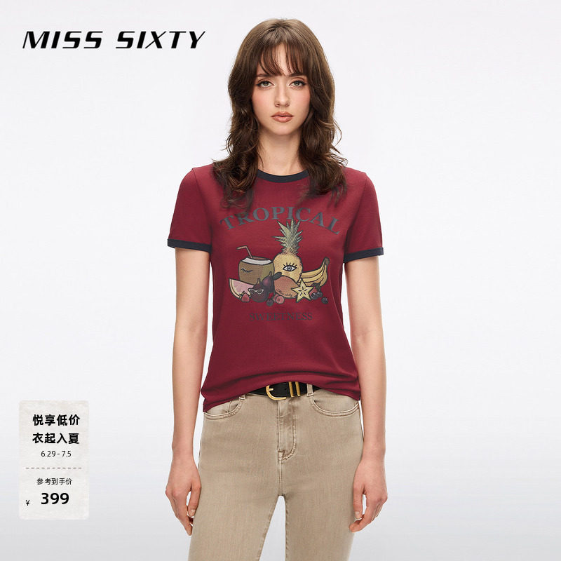 Miss Sixty2026夏季新款短袖T恤女圆领撞色正肩水果印花图案上衣 - 实物图