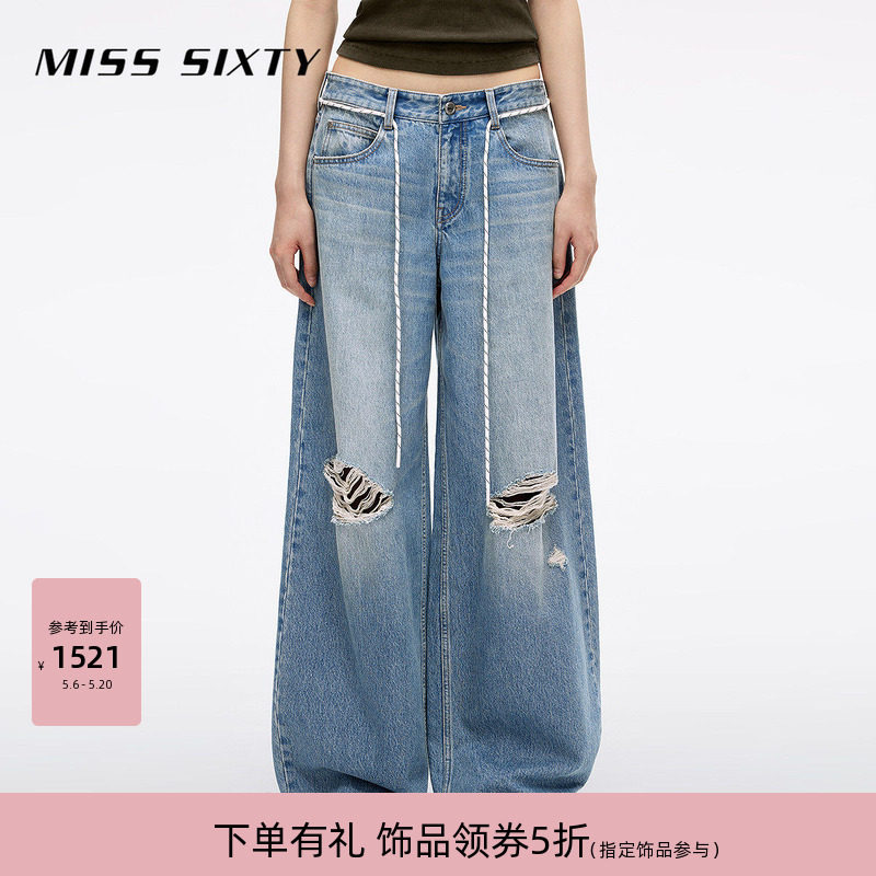 Miss Sixty秋季复古显瘦百搭牛仔裤女低腰系带不规则破洞直