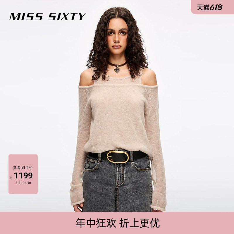 Miss Sixty秋季含羊驼毛针织衫女上衣吊带露肩假两件薄款毛