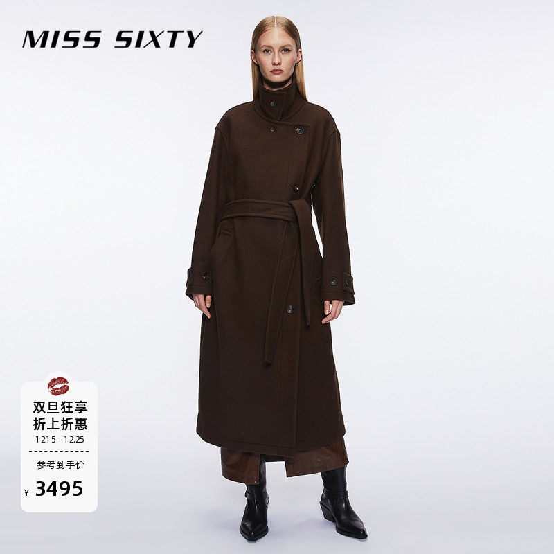 Miss Sixty棕色绵羊毛呢大衣女高级感气质附腰带通勤长款外