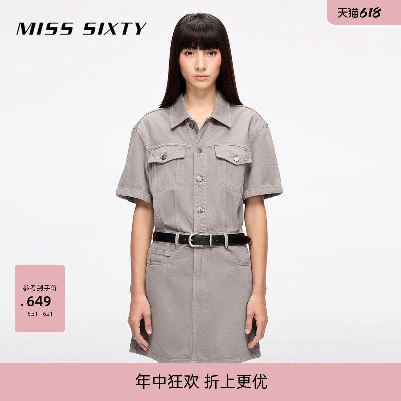 Miss Sixty2026春夏牛仔连身连衣裙女配腰带翻领短袖复古工装短裙