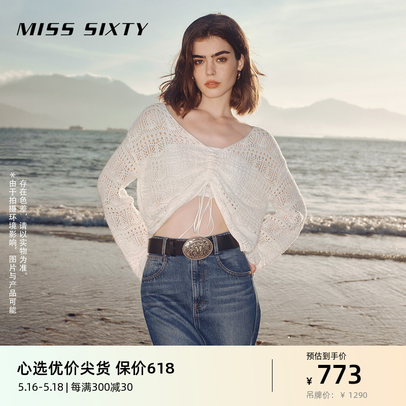 Miss Sixty2024春季新款针织衫女V领套头长袖抽绳镂空辣妹性感风