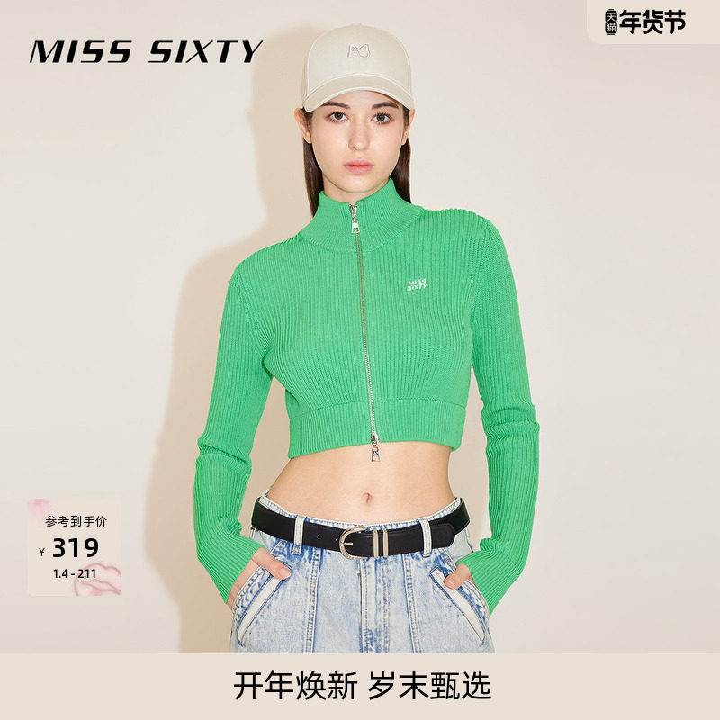 Miss Sixty含桑蚕丝针织衫女立领修身短款双拉链时尚露脐上衣毛衣